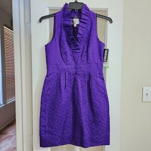 NWT Julian Taylor Purple Textured Ruffle Neck Dress Petite 8P